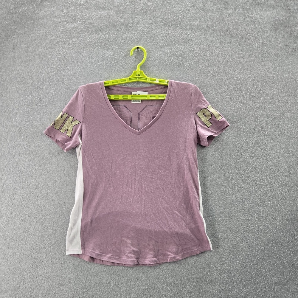 Victoria's Secret PINK Women Shirt XS Lavender Varsity Tee Sequin Glitter Logo